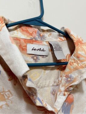 Vintage Women’s Le Moda Floral Button-Up Shirt — Peach & Lavender
